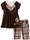 Young Hearts Toddler Girls Lace and Floral Embroidery Top with Plaid Bermuda Pant Set