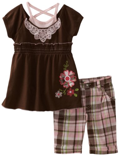 Young Hearts Girls 2-6x Lace and Floral Embroidery Top with Plaid Bermuda Pant Set, Shy Pink, 3T