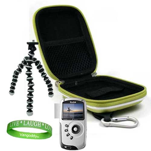 Best Price Kodak PlaySport HD Waterproof Pocket Video Camera Mini Camcorder Accessories Kit: Nylon Green Protective Hard Kodak Camera Case + Kodak Camera Tripod with Flexible Grip Legs + Universal Kodak Screen Protector + Live * Laugh * Love VG Wrist Band!!!