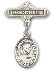 Sterling Silver Baby Badge with St. Maximilian Kolbe Charm and Godchild Badge Pin