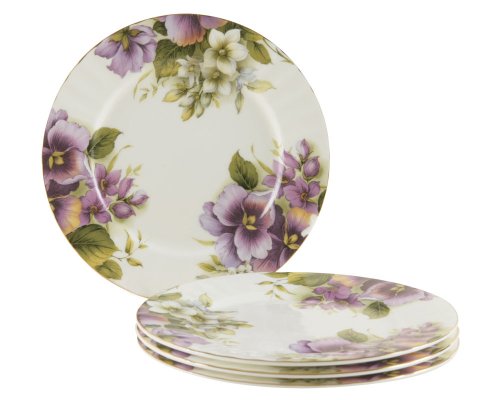 Gracie Bone China 7-1/2-Inch Dessert Plate, Purple Pansy, Set of 4