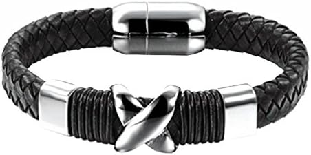 Tingem Mens Silver Black Stainless Steel Leather Bracelet Bangle with Magnetic Buckle