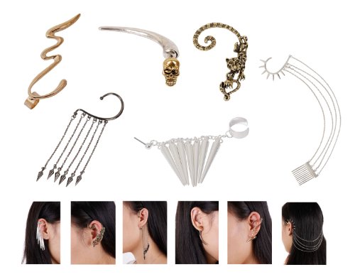 Bundle Monster 6pc Punk Style Ear Wrap Charm Cuff Earring Stud Fashion Accessory for Pierced + Non Pierced - Mixed Lot