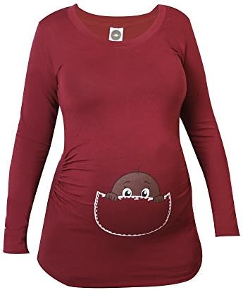 Heryoniti Women's Maternity Dark Skinned Baby Peeking Out of Pocket Long Sleeves Shirt (Medium, Dark Red)