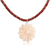 Sterling Silver Garnet Beaded Necklace with Pink Shell Flower Pendant, 18"