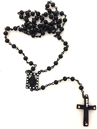 Metal Rosary Cross Necklace w/ 8mm beads in Black, Red, Blue, Silver (Black)