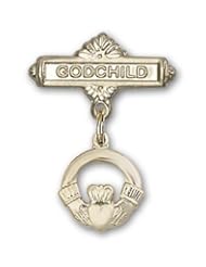 Gold Filled Baby Badge with Claddagh Charm and Godchild Badge Pin