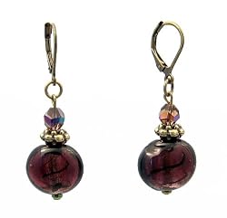 Earrings - E238 - Murano Style Glass - Round Disk ~ Purple Stripe