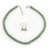 Light Green Glass Bead Necklace & Drop Earring Set In Silver Metal - 38cm Length/ 4cm Extension