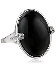 Sterling Silver Oval Onyx and Diamond-Accented Ring, Size 7