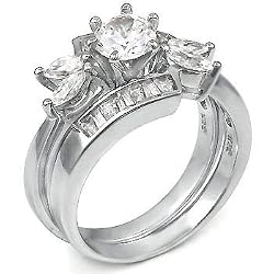 Sterling Silver Cubic Zirconia CZ Wedding Engagement Ring Set Sz 7