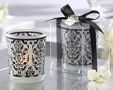 “Damask Traditions” Frosted Glass Tea Light Holder with Kate Aspen Signature Charm  – Baby Shower Gifts & Wedding Favors