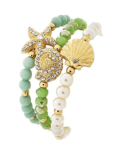 3 Pc Stackable Sea Life Stretch Bracelet Mint Glass Synthetic Pearl & Clear Rhinestone in Gold Tone