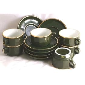Set of 6 French Apilko green coffee cups and saucers