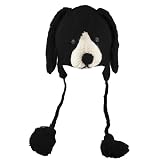 DeLux Floppy Black Dog Face Wool Pilot Animal Cap/Hat with Ear Flaps and Poms