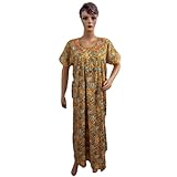 Womens Cotton Caftan Ethnic Floral Printed Yellow Gold  Bohemian Resort Dress Medium