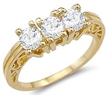 Search : Solid 14k Yellow Gold Three Stone CZ Cubic Zirconia Engagement Wedding Ring Round Cut 1.25 ct