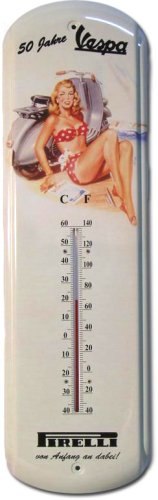 Vespa Pirelli - Nostalgisches Thermometer aus Blech - Pinup Girl Pin Up Motorrad Roller Sammler Nostalgie Kueche Blechuhr Blechschild