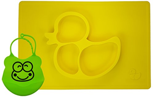 One Piece Silicone Fun Placemat & Plate/Tray with Bib - Self Suction - Yellow Duck Design by Elm Tree for Kids, Toddlers & Babies