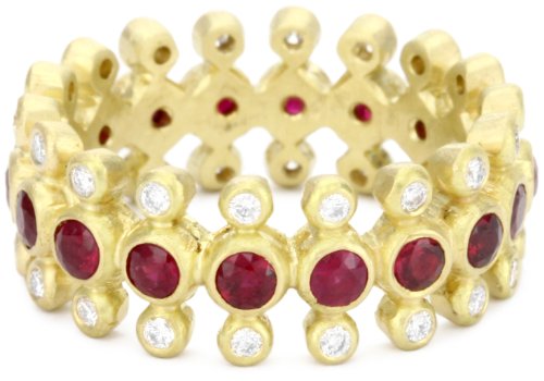 Annie Fensterstock Tiara 18k Yellow Gold Diamond and Ruby Ring, Size 6.5