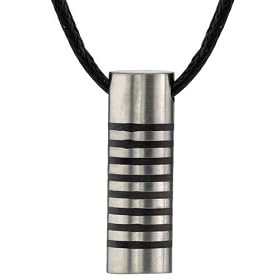 Daring and Strong: Designer Inspired Titanium Brushed Finish Rubber-inlay Stripes Cylinder Bullet Pendant on a black Cord for Men