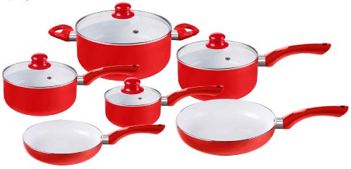 Proctor Silex 10-Piece Silex Celebration Ceramic Non Stick Coating Cookware Set, Red