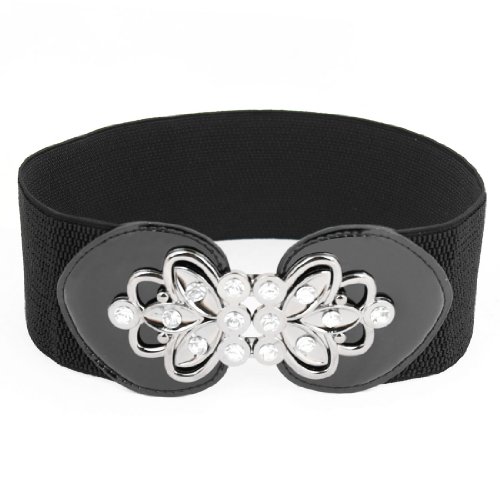 Women Rhinestone Detailing Metal Hook Buckle Waistbelt Band Red