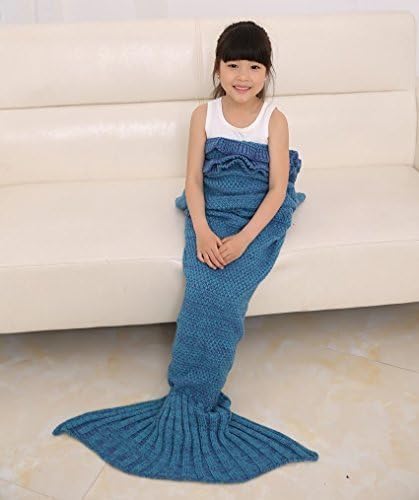 5-10 year old Kids Style - Hot and sweet All Seasons Mermaid Blanket Knitting Sofa Quilt cover salon Mermaid Sleeping Bag (Blue)