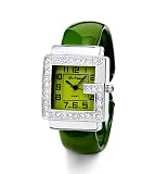 Ladies CZ Square Bezel Silver Tone Green Bangle Watch