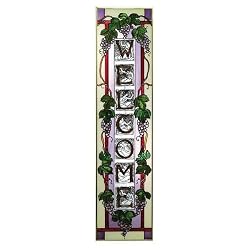 Grapes Welcome Vertical Art Glass Panel Wall Hanging Suncatcher 42 x 10