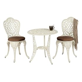 Cast Aluminium Garden Furniture Cream Bistro Set with Chocolate Cushions