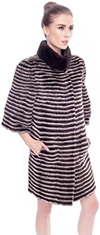 QDFUR Women's Mink Fur Stripe Coat Woolen Yarn Lining Black And White Tip XL