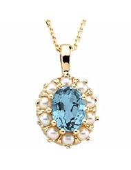 18K Yellow Gold Oval Cut Aquamarine and Pearl Pendant -- LIFETIME WARRANTY