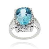 Rhodium Plated 7.75ct Blue Topaz & CZ Oval Ring