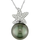 14K White Gold 1/8 ctw Diamond and Black Tahitian Pearl Starfish Pendant