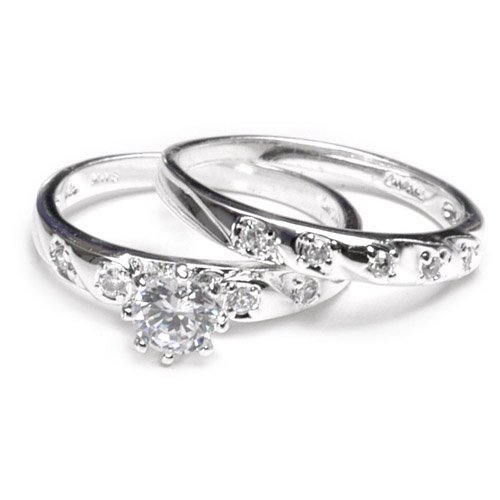Sterling Silver Round CZ Engagement and Wedding Band Set Size 7