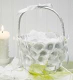 White Satin Flower Girl Basket Filled with Delicate White Silk Rose Petals