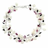 Sterling Silver 925 Iridescent Genine Freshwater Cultured Pearl And Genuine Pink Tourmaline Stone Chips Dangle Confetti Bracelet