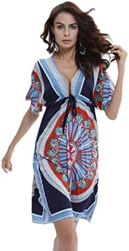 MiYang Women's Lace Short Sleeves Princess Dress Printing Beach Cover-up Dark Blue M