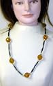 J42, Amber Beads Separated By Long Onyx and Gold Color Pearl Beads Long Chain Necklace and Matching Earrings for Women and Teens