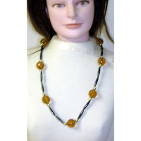 J42, Amber Beads Separated By Long Onyx and Gold Color Pearl Beads Long Chain Necklace and Matching...