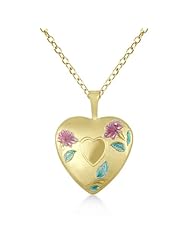 Heart Shaped Locket Pendant Necklace W/ Colored Flower and Heart Design For Women Yellow Gold Verme