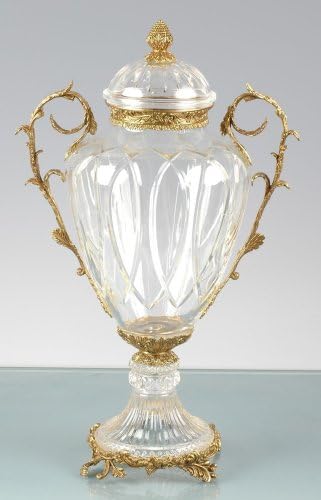 24% Lead Italian Crystal Urn with Lid Designed with Hand-cut Decorations and Brass Accents