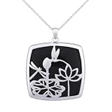 Rhodium Plated Sterling Silver Black Agate Lotus and Dragonfly Pendant Necklace, 18