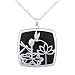 Rhodium Plated Sterling Silver Black Agate Lotus and Dragonfly Pendant Necklace, 18