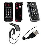 LG Voyager VX10000 - Premium Black on Hot Pink Stars Design Snap-On Cover Hard Case Cell Phone Protector + Crystal Clear LCD Screen Protector + Rapid Car Charger + USB Data Charge Sync Cable for LG Voyager VX10000