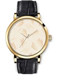 SPRAWL Aanalog Fashion Series Gold Ladies Watches of Genuine Black Leather Strap,Unique Wrist Watch for Women Girls Designed with Petals on beige background