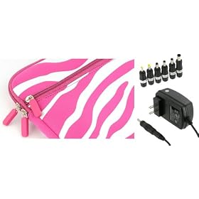 PCMS 2n1 Combo - Toshiba Mini NB205-N325PK 10.1-Inch Netbook Neoprene Sleeve Case with AC Adapter Wall Charger - Zebra Magenta / White