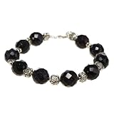 EXP Handmade Black Sandstone Bracelet With Silver Floral Beads