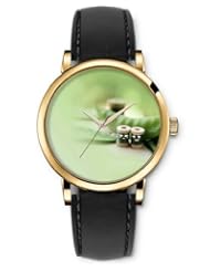 SPRAWL Aanalog Fashion Series Gold Ladies Watches of Genuine Black Leather Strap,Unique Wrist Watch for Women Girls Designed with Peas and green lines